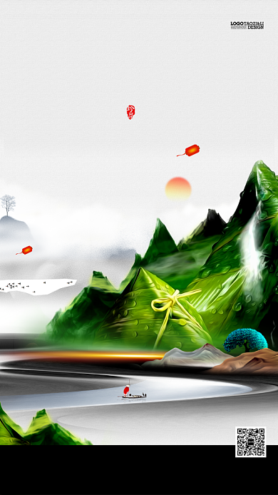 端午节端午印象山水绿色创意手机海报背景