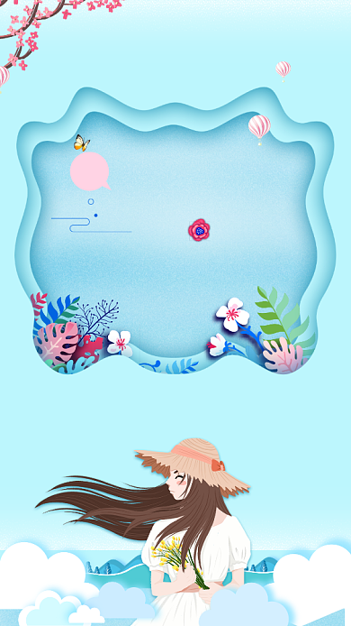 四月你好蓝天白云女孩清新唯美卡通手机海报背景