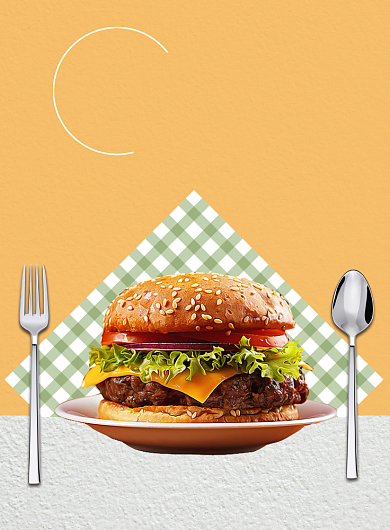 浅黄色杂志风餐饮美食牛肉汉堡印刷海报背景