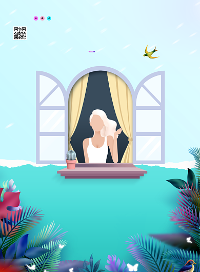 春之韵绿色蓝色卡通人物窗户清新印刷海报背景
