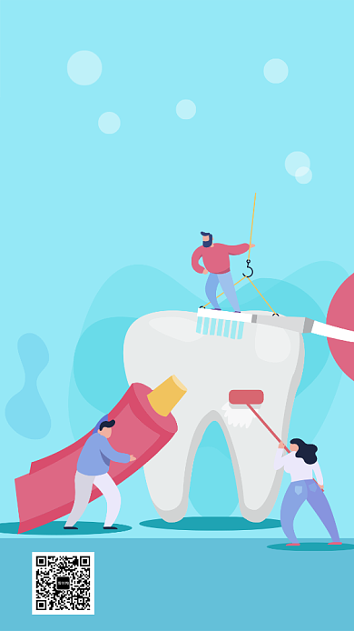 蓝色立体插画关爱口腔手机海报模板背景