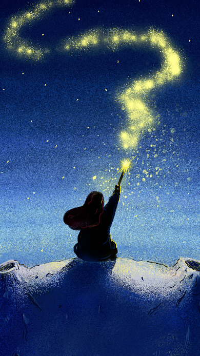 蓝色治愈魔法女孩月球时尚彩绘星空手机壁纸海报背景