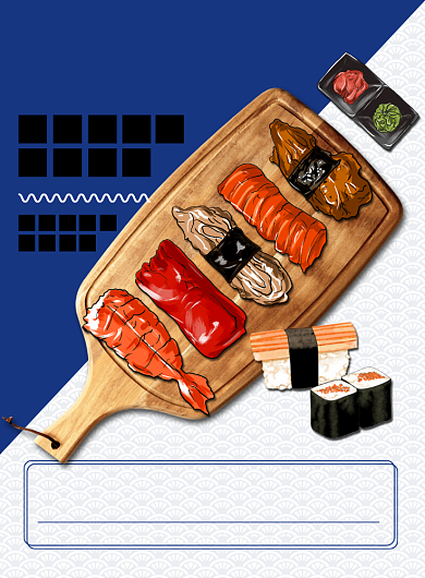 蓝色扁平化日系美食寿司促销宣传海报背景