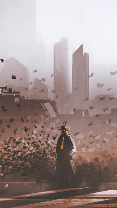 建筑空间动画暗黑风格插画手机壁纸背景