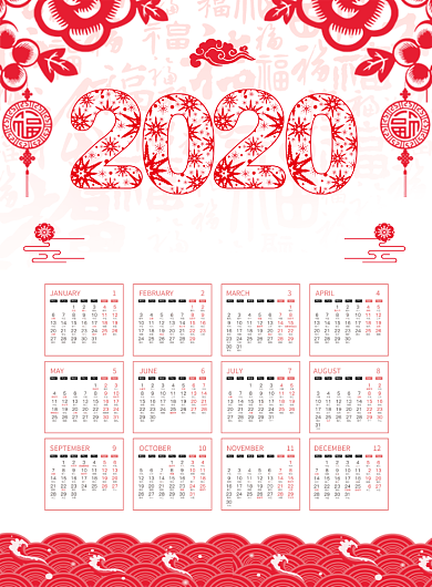 红色剪纸风2020鼠年挂历日历台历海报背景