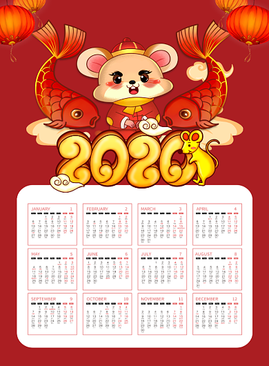 红色喜庆2020鼠年挂历台历日历海报背景