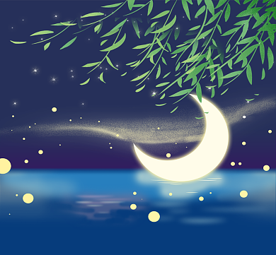 冷艳高贵风格江水月夜柳枝朋友圈封面背景