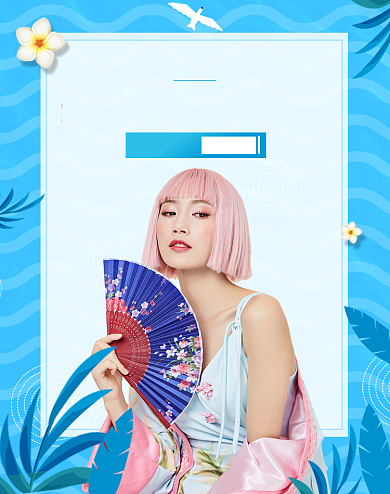 国潮夏日女装海报蓝色风格背景