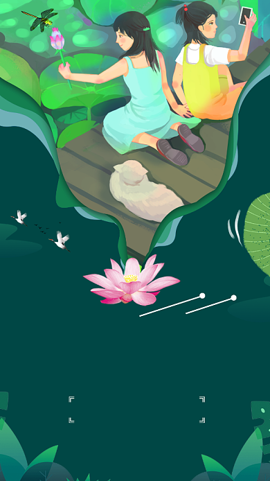 你好七月夏天荷花插画手机海报背景