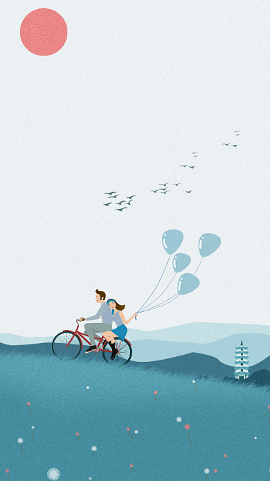 蓝色调秋日清晨情侣骑车游玩背景