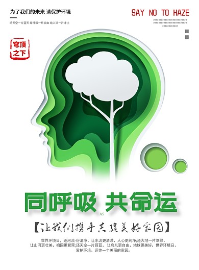 保护环境白底绿色人头森林印刷海报