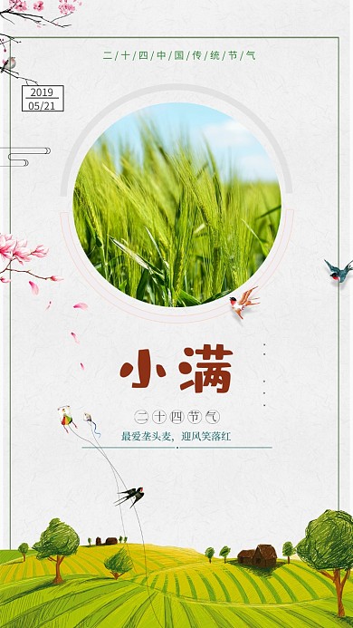 小满二十四节气丰收麦穗黄稻田手机海报