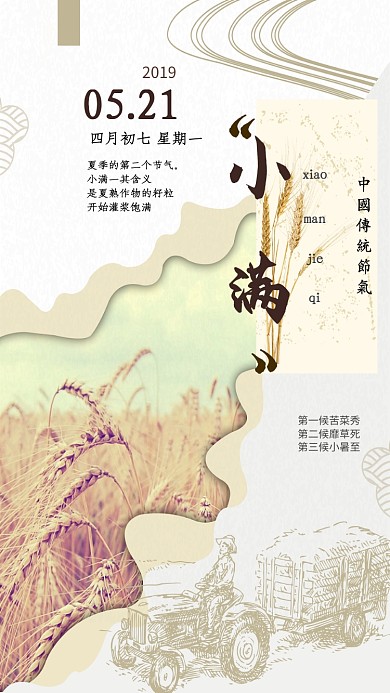 小满二十四节气麦子稻田金黄天空手机海报