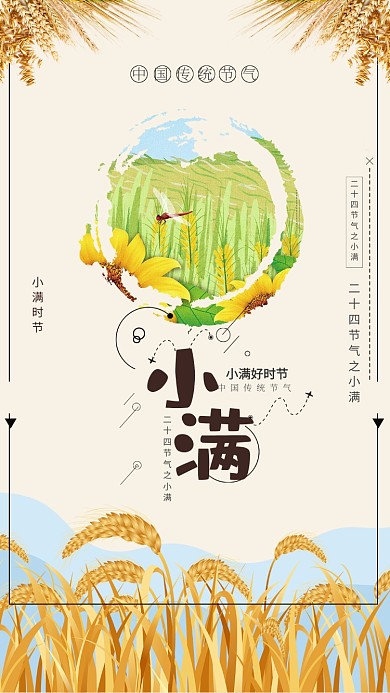 小满二十四节气麦子稻田金黄天空手机海报
