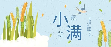小满节气简约蓝色手绘公众号首图