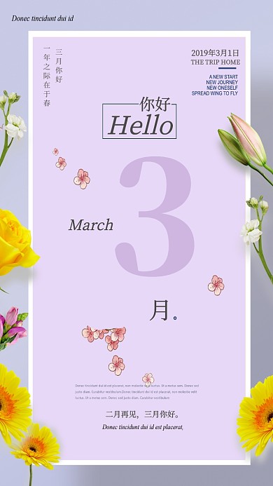 二月再见三月你好主题手机海报