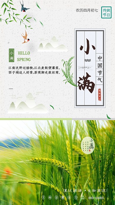 小满二十四节气麦子稻田金黄手机海报