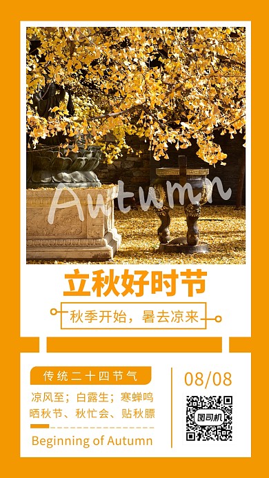 黄色立秋节气金色落叶唯美手机海报