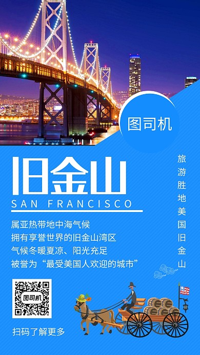 蓝色创意简约美国旧金山旅游手机海报