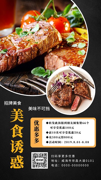 黑色高清牛排店美食诱惑主题宣传手机海报
