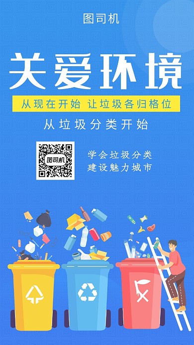 蓝色创意关爱环境手机海报