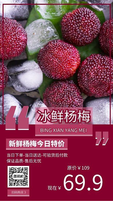 冰鲜杨梅简约实物促销海报