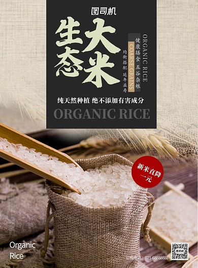 米色杂志餐饮美食风农产品生态大米印刷海报
