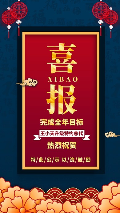 蓝色质感销售业绩战报喜报贺报手机海报