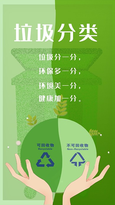 绿色清新卡通垃圾分类手机海报