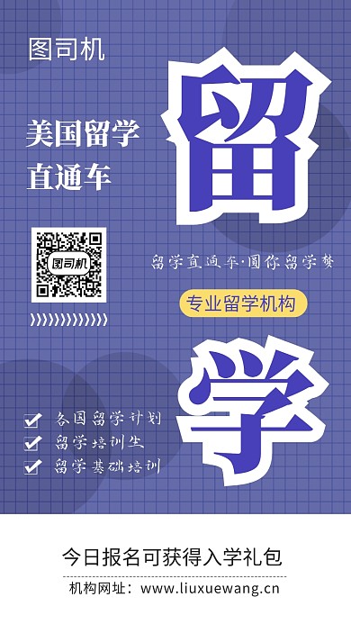 紫色网格留学培训广告宣传海报