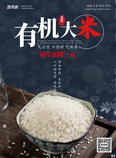 蓝色杂志风美食风农产品有机大米印刷海报