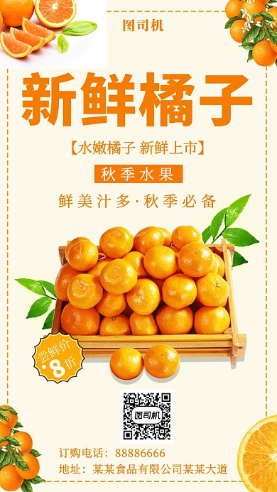 简约插画新鲜橘子手机海报