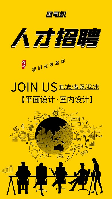 黄色简约人才招聘手机海报