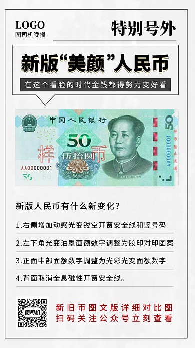 新版人民币辨识指南报纸简约手机海报