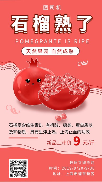 红色清新简约新鲜石榴手机海报模板