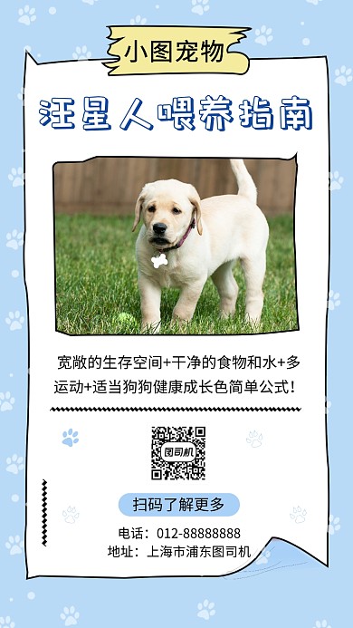 蓝色可爱简约宠物喂养指南手机海报模板