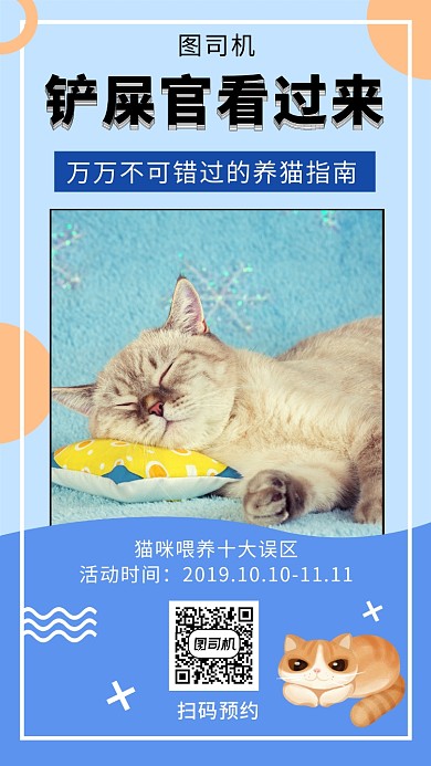 撞色可爱简约喂猫指南手机海报模板