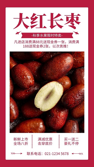 红色大红长枣秋季水果促销宣传海报