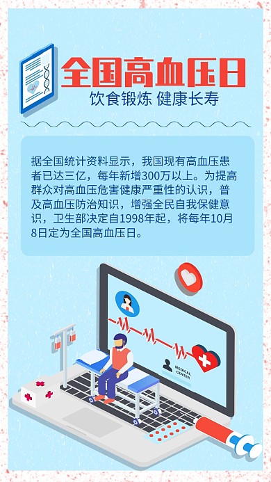 蓝色简约全国高血压日宣传手机海报