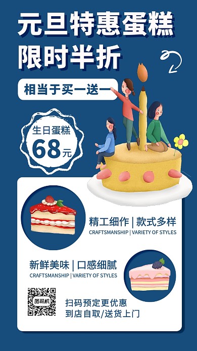 元旦生日蛋糕优惠促销卡通手机海报