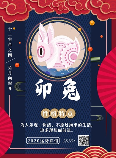 红色国潮十二属相之兔海报