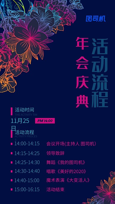 简约炫彩花卉年会流程图手机海报