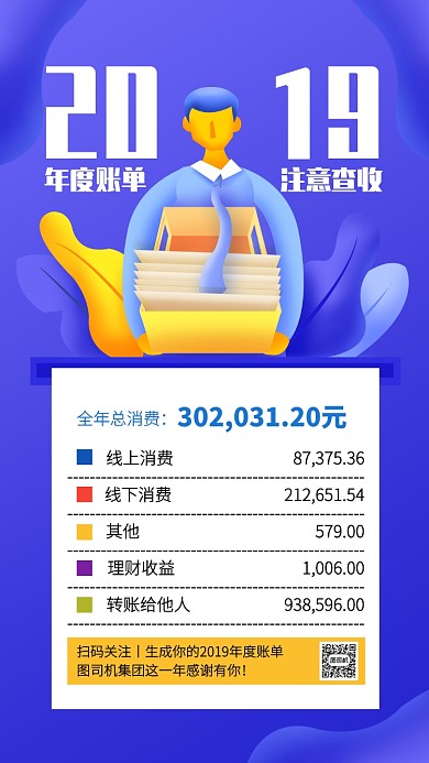 蓝色扁平2019年度账单手机海报