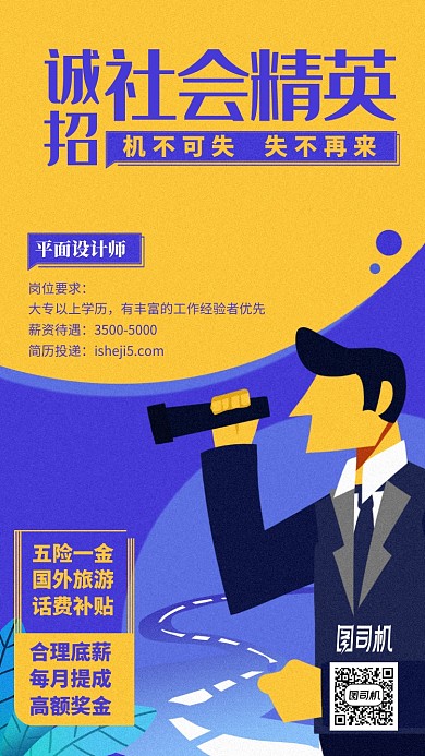 诚聘精英卡通人物平面设计手机海报