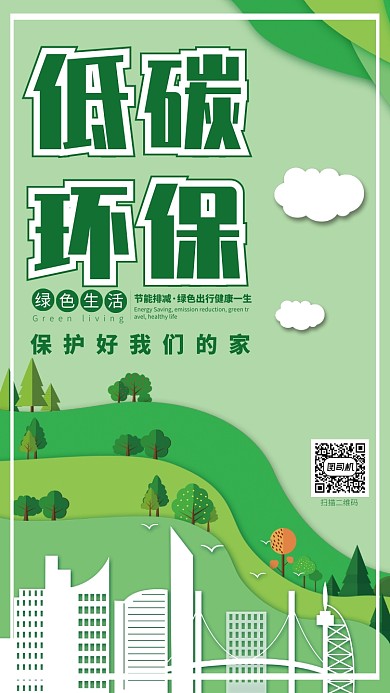 绿色清新剪纸风低碳环保手机海报