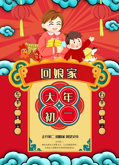 国潮风格大年初二海报