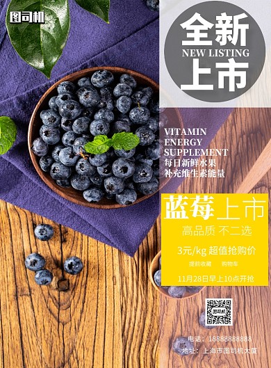 新鲜水果蓝莓上市印刷海报