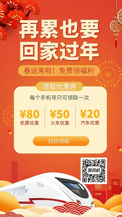汽车春运火车票优惠券促销手机海报