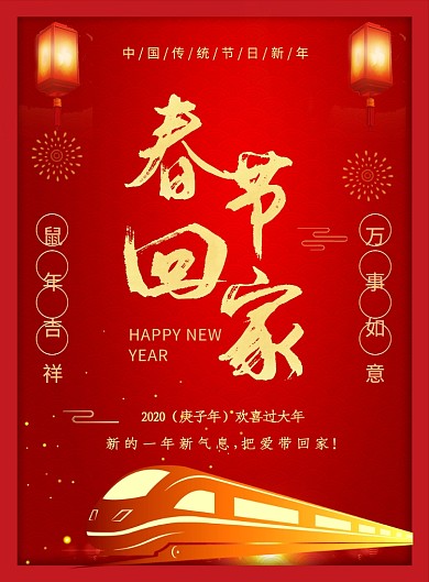 红色喜庆简约新年回家宣传海报