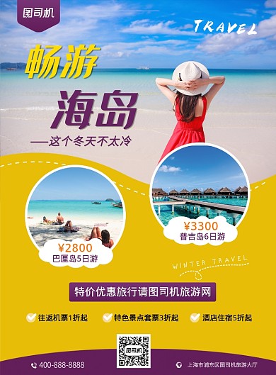紫色简约冬日旅游海岛游宣传营销印刷海报
